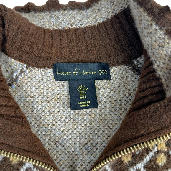 House of Harlow Nordic Zip Sweater Large Brown Fair Isle Knit - Picture 3 of 9